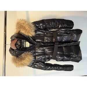 SAM Black Puffer Coat with Faux Fur Hood and Belt